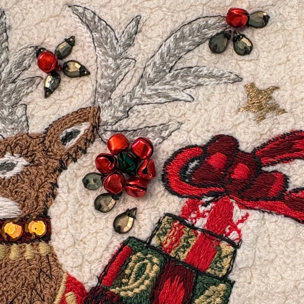 2 NWT Williams Sonoma Reindeer Stockings with Red & Cream Embroidery/bells